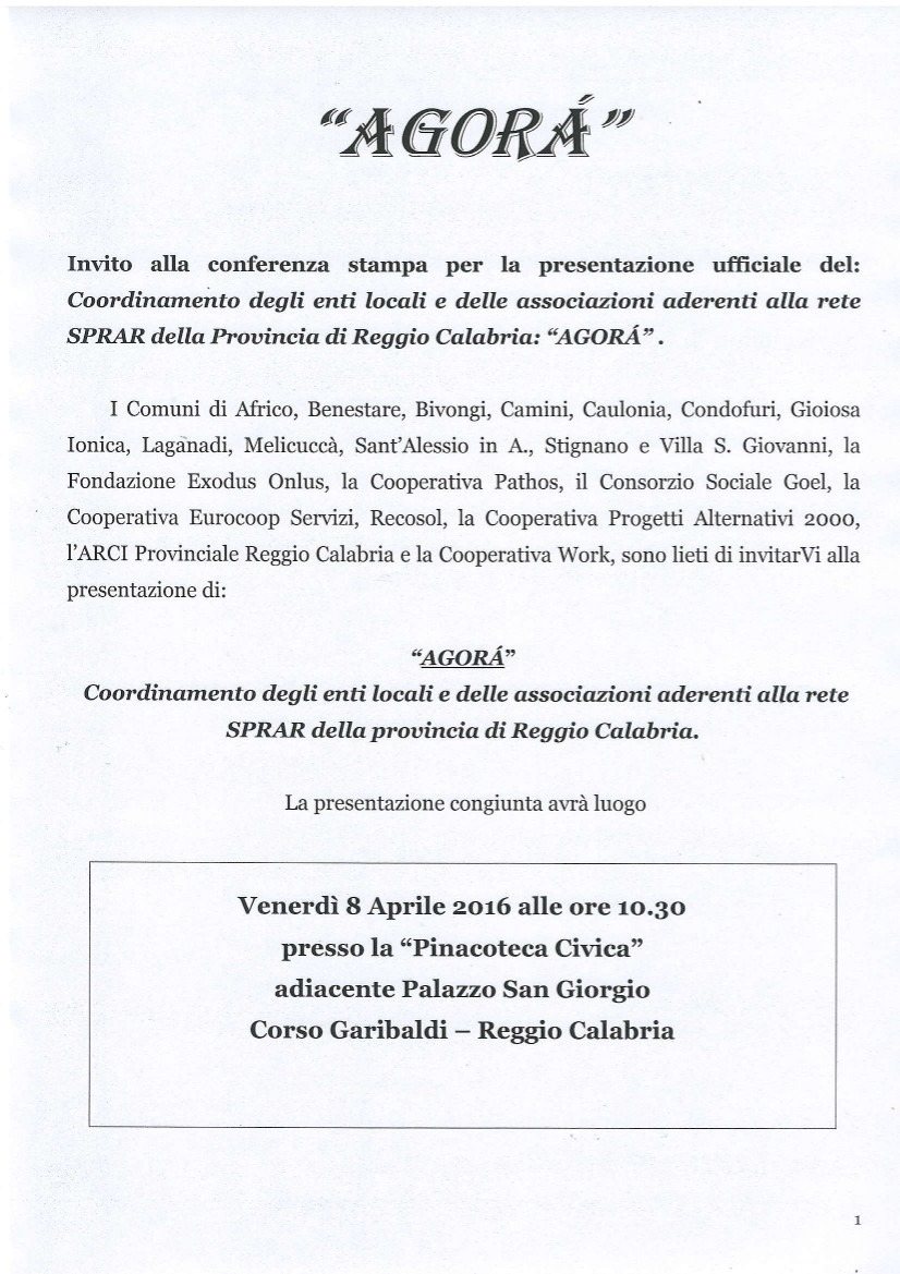 Invito presentazione Agorà - Coordinamento Provinciale SPRAR 1