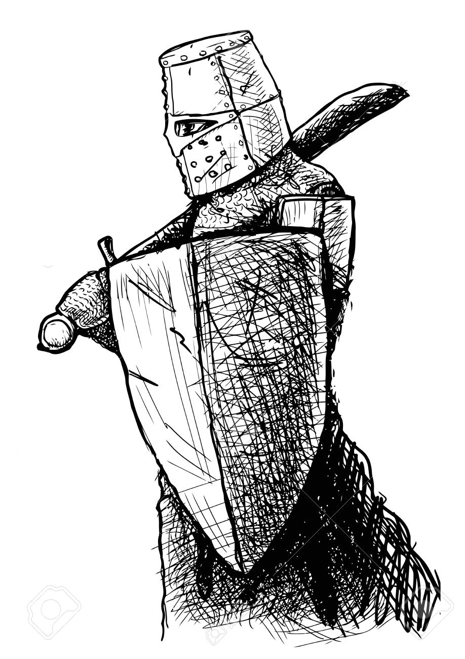 Black and white drawing of a Templar armed with falchion and shield