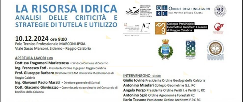 A Siderno il convegno “La risorsa idrica. Analisi delle criticità e strategie di tutela e utilizzo”