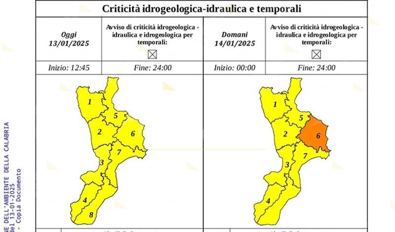 Maltempo in Calabria: allerta arancione nel crotonese, gialla sul resto della regione